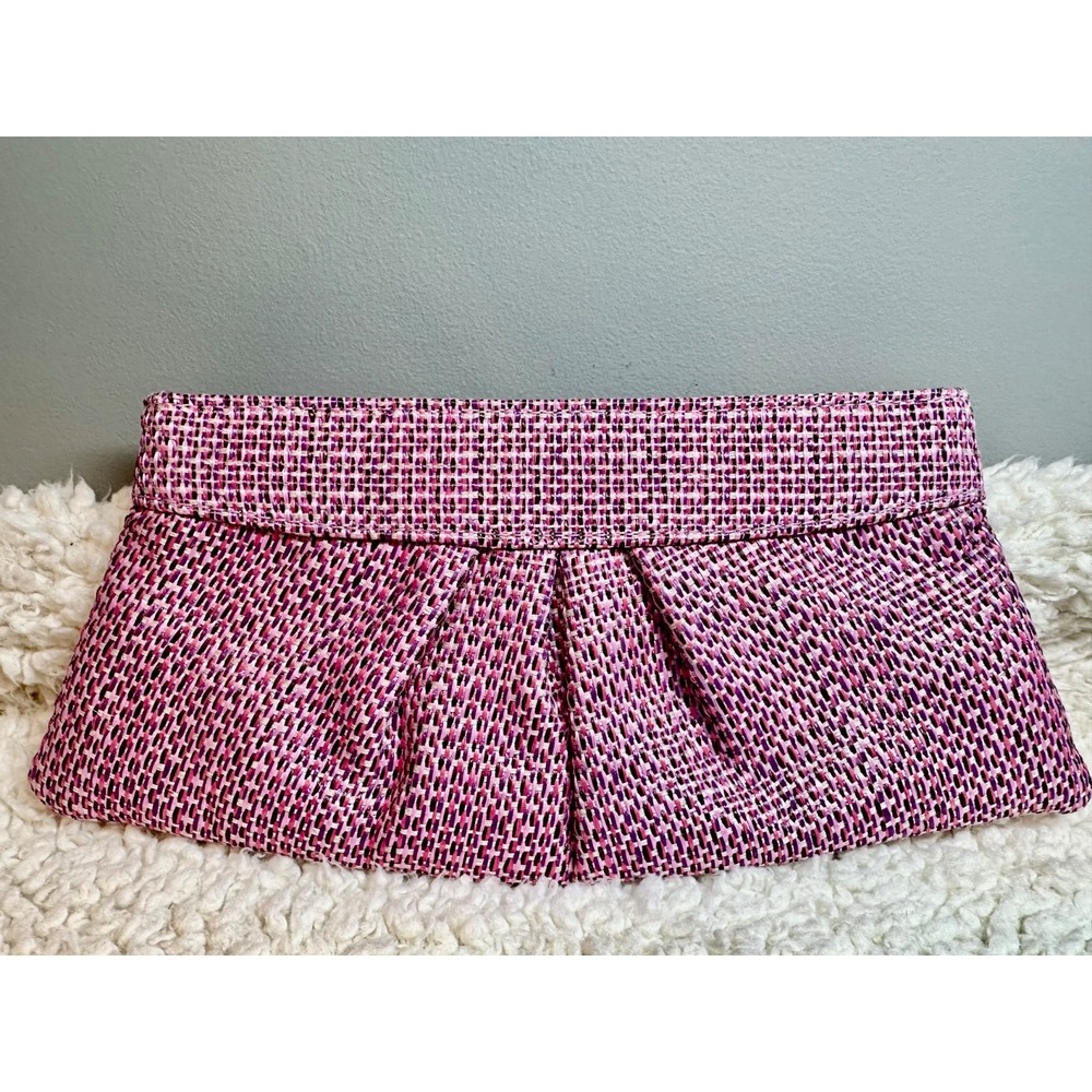 Lauren Merkin Pink Plaid Woven Clutch Pleated Evening Bag Designer Preppy 11" - Picture 2 of 12
